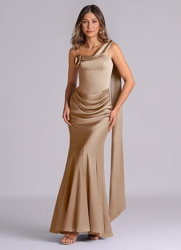 Azazie Inara Suknie dla druhen Syrena Pofałdowany Satyna elastyczna Do ziemi Sukienka image1