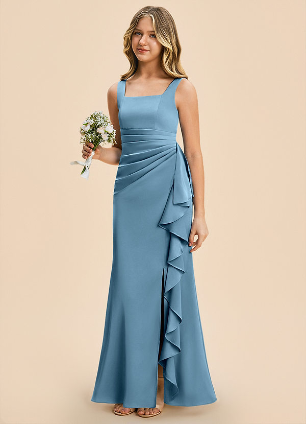 Azazie Adrienne Junior Steel Blue Sheath Pleated Stretch Satin Dress image1
