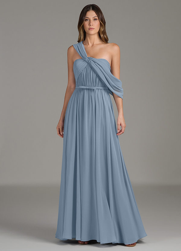 Azazie Nyah Bridesmaid Dresses Dusty Blue A-Line Off the Shoulder Chiffon Dress image1