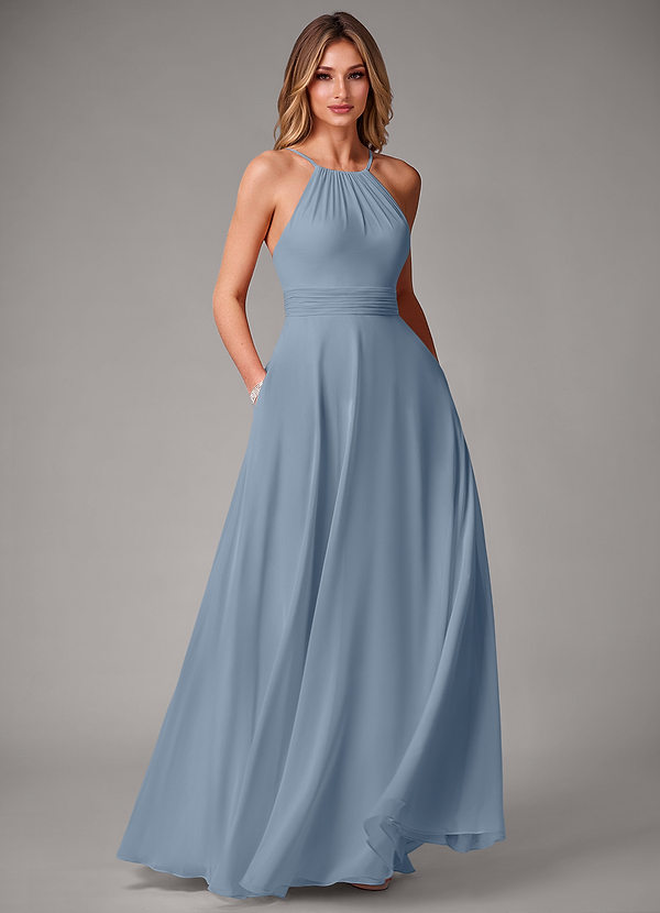 Azazie Amalia Bridesmaid Dresses Dusty Blue A-Line Pleated Chiffon Dress image1