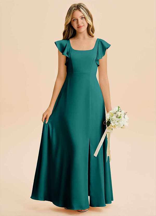 Azazie Bondi Junior Peacock A-Line Side Slit Stretch Satin Dress image1