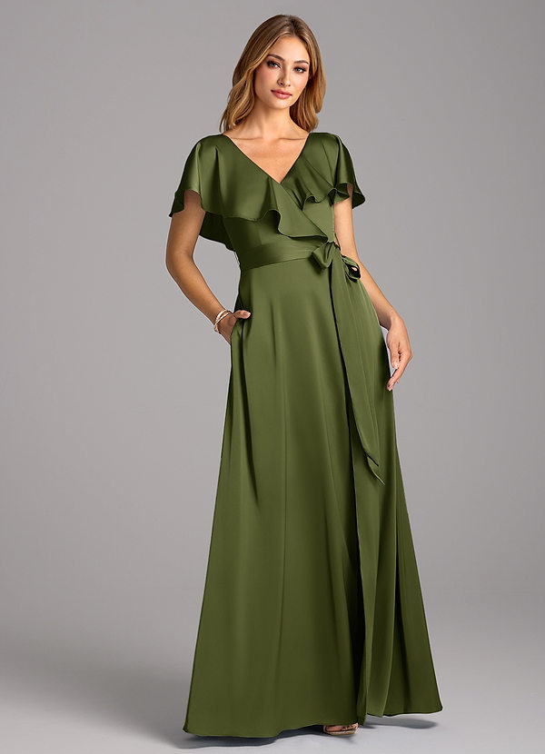 Azazie Lainey Bridesmaid Dresses Olive A-Line with Pockets Stretch Satin Dress image1