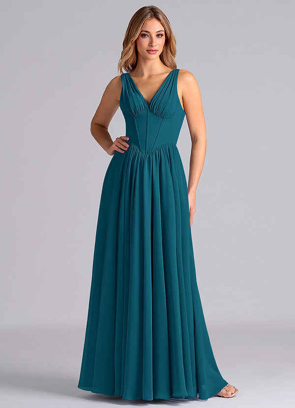 Azazie Delmie Bridesmaid Dresses Ink Blue A-Line Corset Chiffon Dress image1