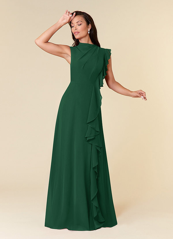 Azazie Narine Mother of the Brides Dresses Dark Green A-Line High Neckline Pleated Chiffon Dress image1