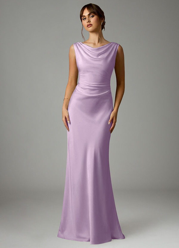Azazie Kieryn Bridesmaid Dresses Frosted Lilac Mermaid Pleated Stretch Satin Dress image1