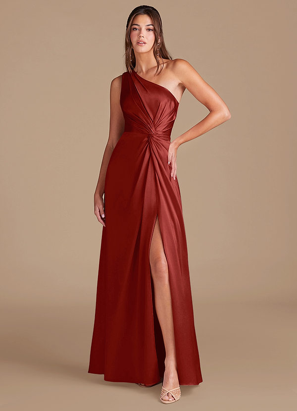 Azazie Brooke Bridesmaid Dresses Rust A-Line One Shoulder Metallic Satin Dress image1