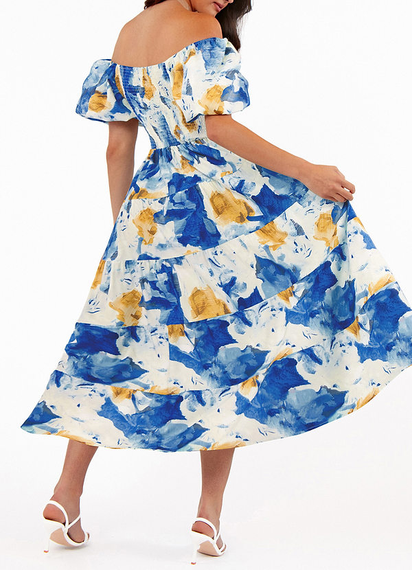 back Allport Blue Floral Print Off-The-Shoulder Smocked Midi Dress