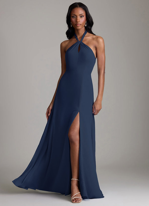 Azazie Tracie Robes Demoiselle d'honneur Robe Trapèze en Mousseline de soie Plissée Bleu Marine Foncé image1