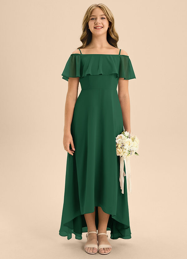 Azazie Maggie Junior A-Linie Schulterfrei Chiffon Kleid Dunkelgrün image1