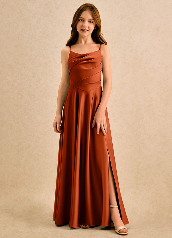 Azazie Coconut Girls Formal Sukienki dla dziewczynek sypiących kwiaty Linia A Pofałdowany Satyna elastyczna Długość podłogi Sukienka image1