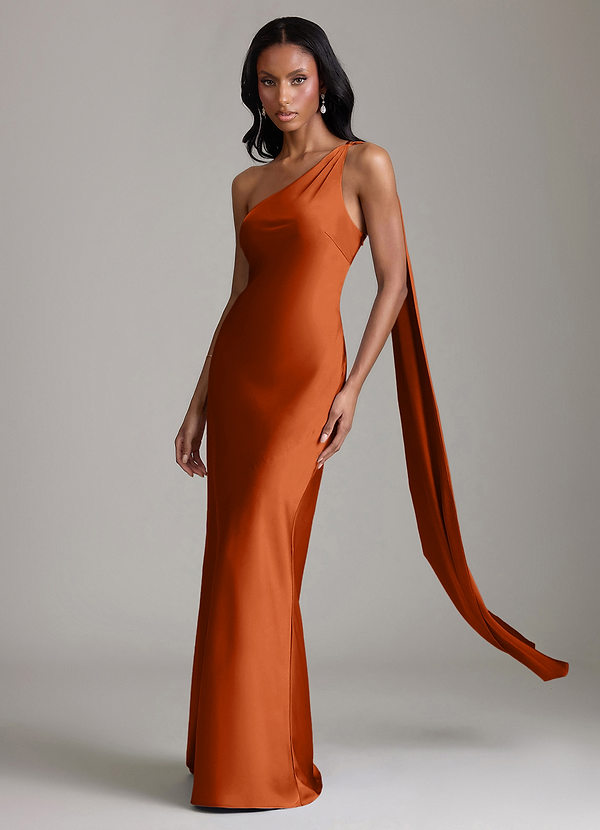 Azazie Galinda Brudtärneklänningar Klä av Sjöjungfru i Stretch Satin Ena axeln Bränd Apelsin image1