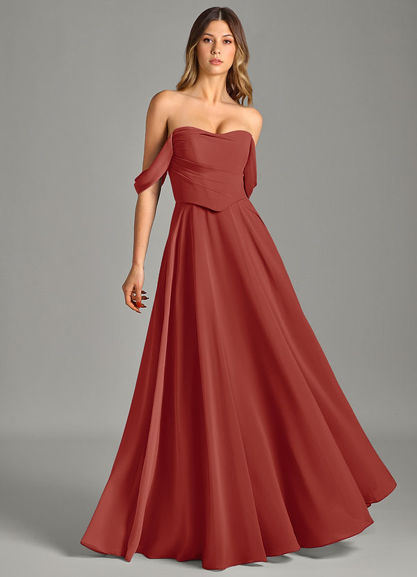 Azazie Chelsey Abiti da Damigella Abito Convertibile A-Line in Chiffon a Spalla Scoperta Terracotta image1
