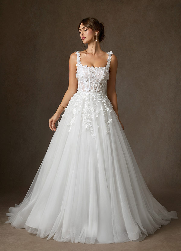 Azazie 2026 Ball-Gown Fairy Tale White Elegant Wedding Dress Chapel Train Lace Square Neck 3D Florals
