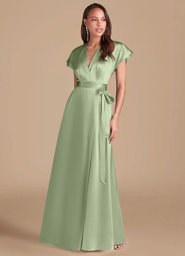 Azazie Nico Bridesmaid Dresses Dusty Sage A-Line Pleated Metallic Satin Dress image1