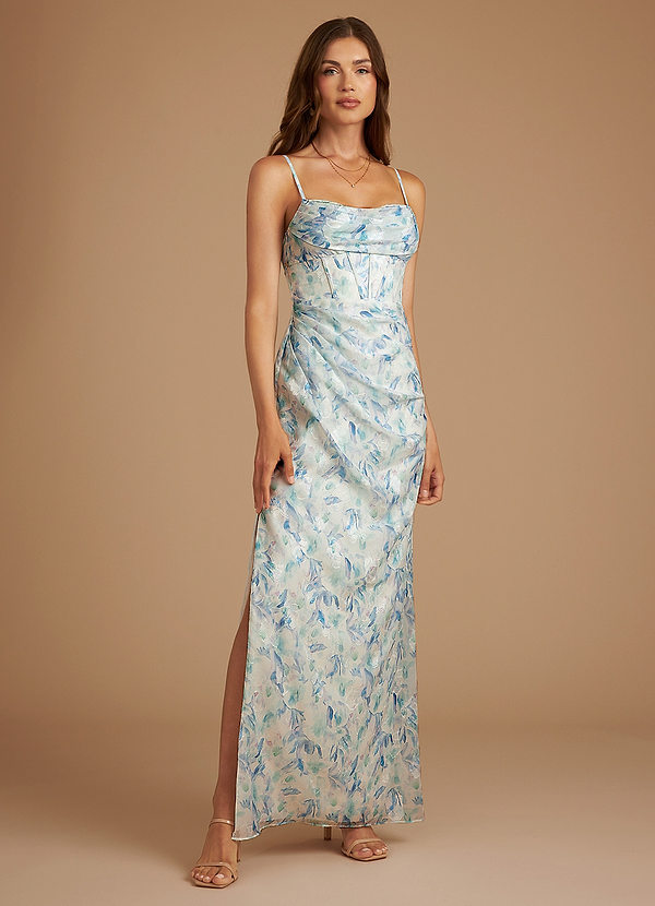 Azazie Mai Bridesmaid Dresses Blue Watercolor Floral Sheath Pleated Watercolor Floral Dress image1