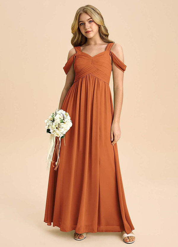 Azazie Lianne Junior Cinnamon A-Line Off the Shoulder Chiffon Dress image1