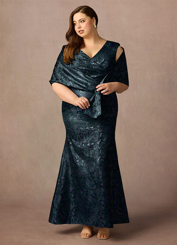 Azazie Elanor Robe Mère de la Mariée & du Marié Robe Sirène en Jacquard1 Plissée Bleu Marine Foncé image1