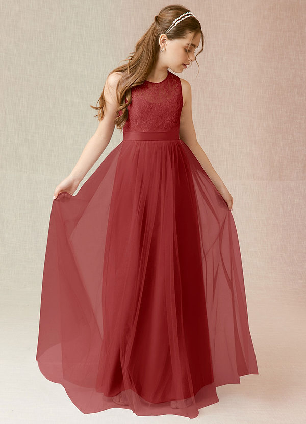 Azazie Georgette Junior Rust A-Line Lace Tulle Dress image1