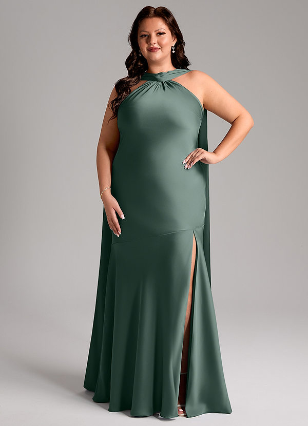 Azazie Kinsley Bridesmaid Dresses Sea Moss Mermaid Side Slit Stretch Satin Dress image1