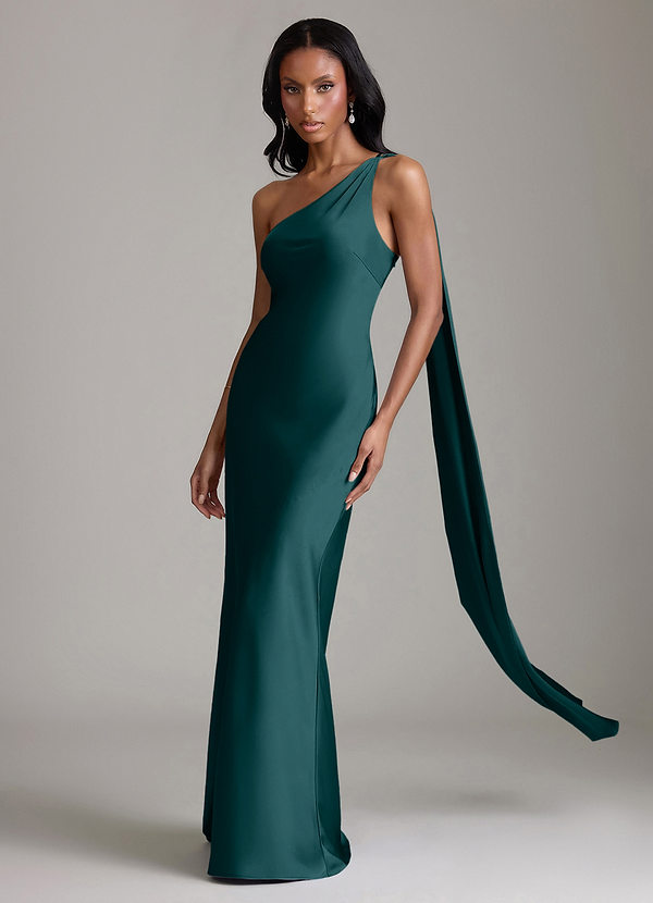 Azazie Galinda Brudtärneklänningar Klä av Sjöjungfru i Stretch Satin Ena axeln Tallgrön image1