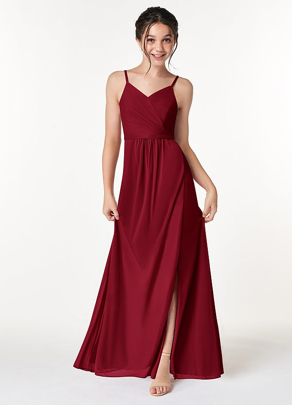 Azazie Luxy Junior Burgundy Pleated Mesh Dress image1