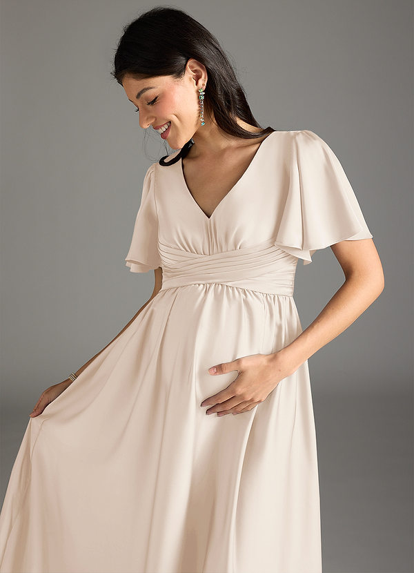 Azazie Verna Maternity Bridesmaid Dresses A-Line Ruched Stretch Satin Floor-Length Dress image1