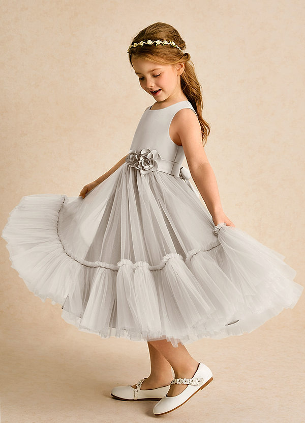 Azazie Miracle Blumenkinder Kleider A-Linie Schleifen Matte Satin Kleid Frost image1