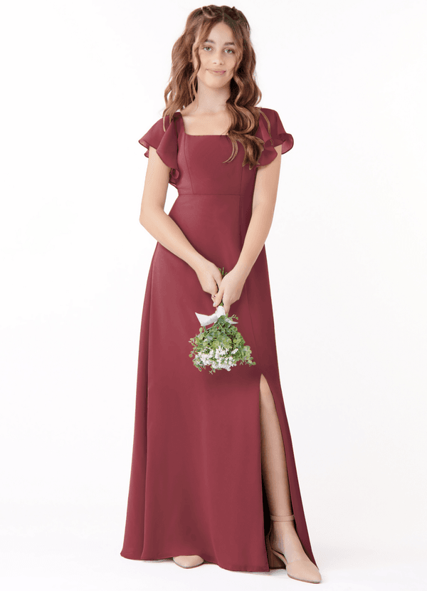 Azazie Bondi Junior Merlot A-Line Bow Chiffon Dress image1
