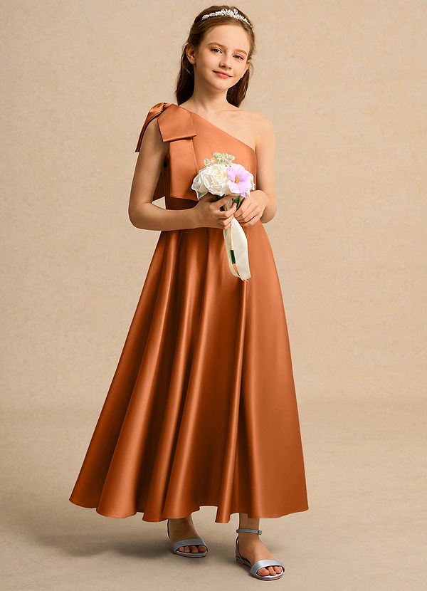 Azazie Guppy Girls Formal Flower Girl Dresses Copper A-Line One Shoulder Matte Satin Dress image1