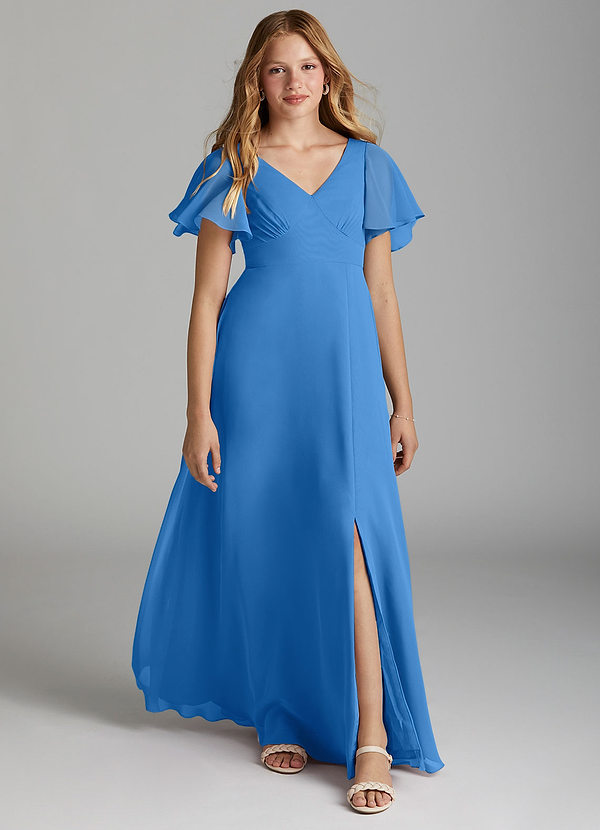 Azazie Kimber Junior Blue Jay A-Line Pleated Chiffon Dress image1