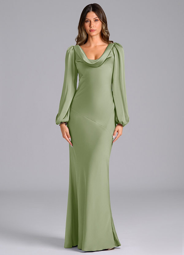 Azazie Rylina Vestidos Dama de Honor Vestido de Salvia Polvorienta de Satén Elástico de Corte Sirena con Manga larga image1