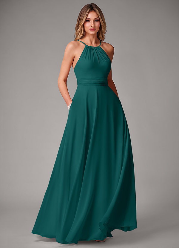 Azazie Amalia Abiti da Damigella Abito A-Line in Chiffon Plissettato Verde Pavone image1
