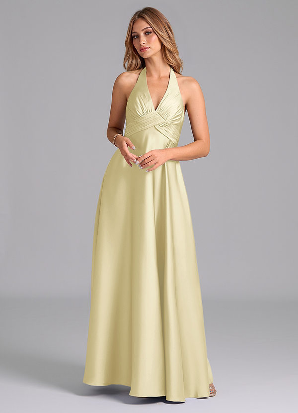 Azazie Tessie Suknie dla druhen Linia A Pofałdowany Satyna elastyczna Do ziemi Sukienka image1