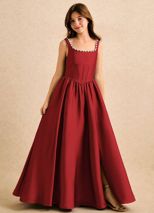 Azazie Enid Girls Formal Sukienki dla dziewczynek sypiących kwiaty Linia A Zroszony Satyna elastyczna Długość podłogi Sukienka image1