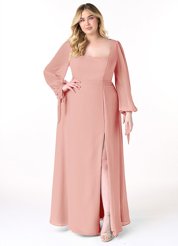 Azazie Leonia Bridesmaid Dresses Rosette A-Line Long Sleeve Chiffon Dress image1