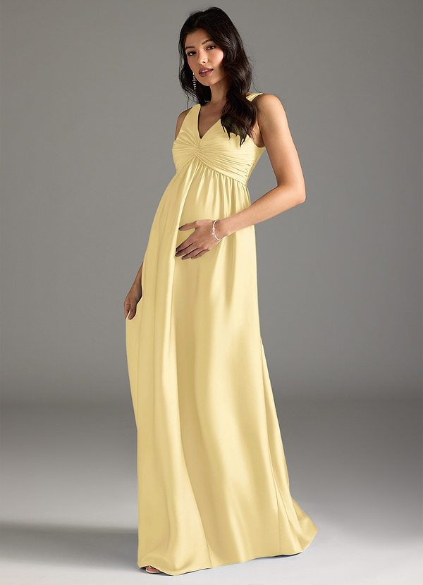 Azazie Yetta Maternity Bridesmaid Dresses A-Line Pleated Stretch Satin Floor-Length Dress image1