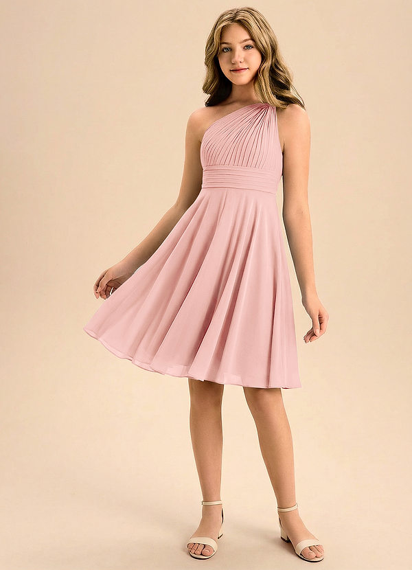 Azazie Charlize Junior A-linja Pliseerattu Sifonki Mini Nuorempi morsiusneito Pukeutua image1