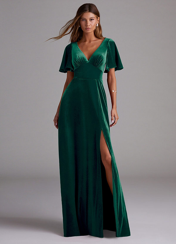 Azazie Kimber Bridesmaid Dresses Emerald A-Line with Pockets Velvet Dress image1
