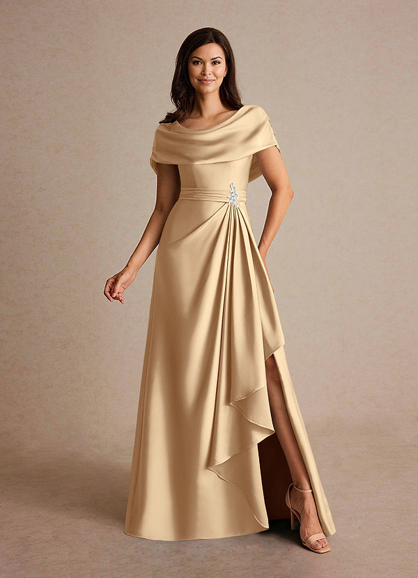 Azazie Branford Abiti Mamma della Sposa Abito A-Line in Raso Elasticizzato Plissettato Champagne image1
