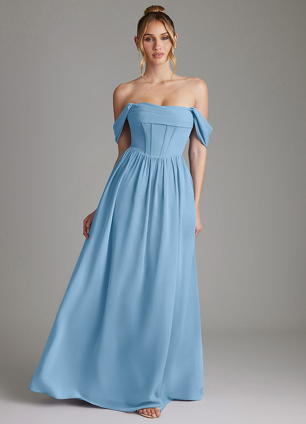 Azazie Caterina Bridesmaid Dresses Steel Blue A-Line Corset Chiffon Dress image1