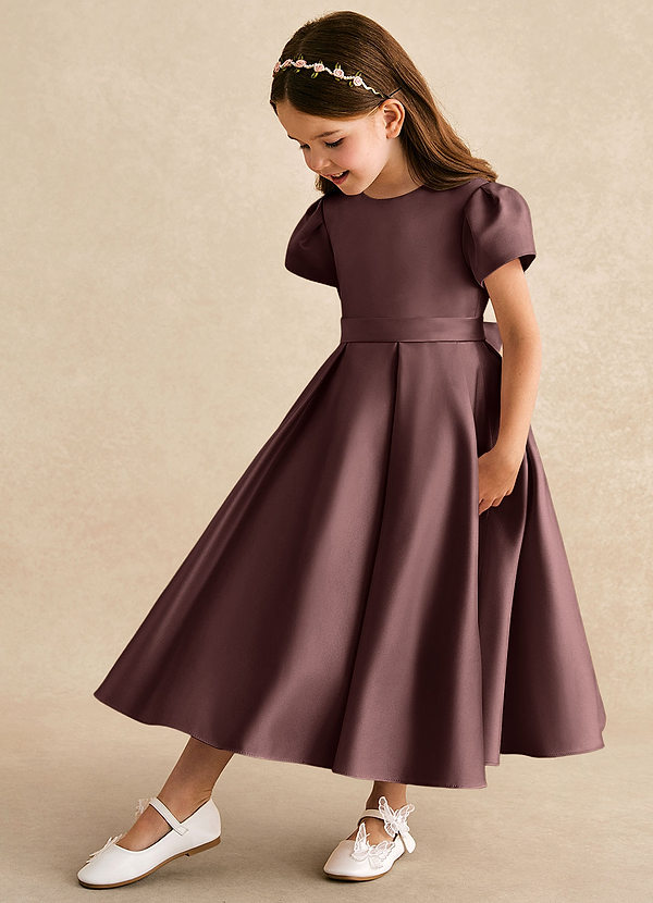Azazie Princess Flower Girl Dresses Espresso A-Line Pleated Matte Satin Dress image1
