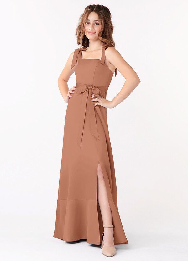 Azazie Barbara Junior Bronzer A-Line Bow Matte Satin Dress image1