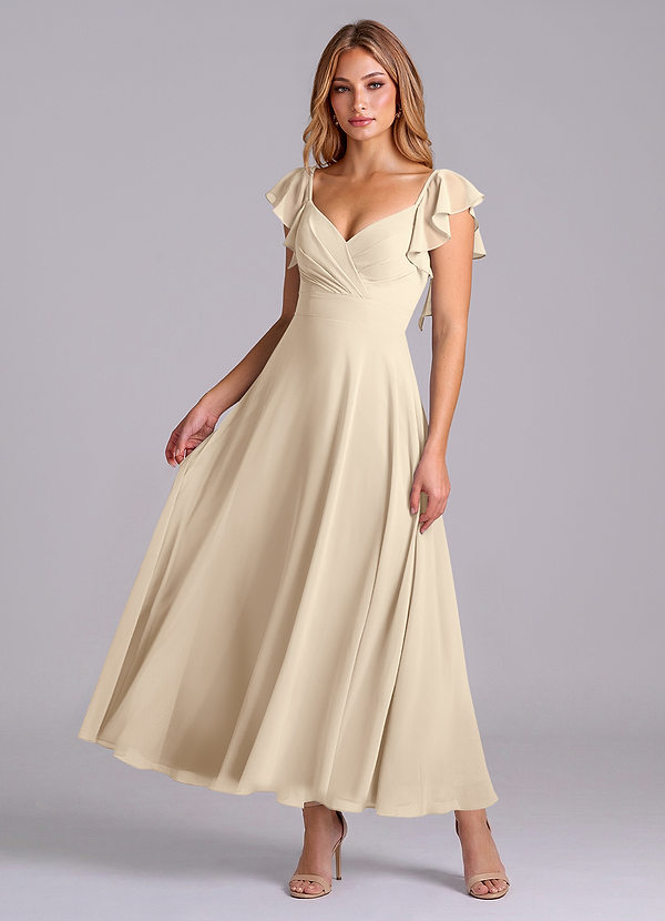 Azazie Leilani 신부 들러리 드레스 A라인 셔링 쉬폰 발목 길이 드레스 image1