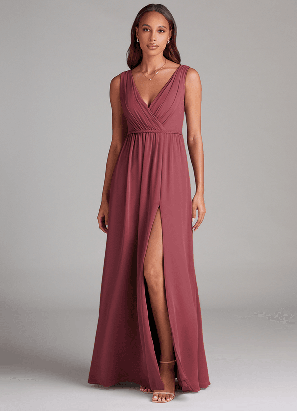 Azazie Tanicia Brautjungfernkleider A-Linie Plissee Chiffon Kleid Merlot image1