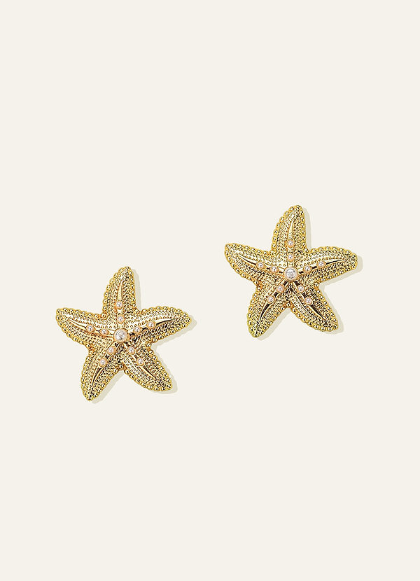 front Gold Starfish Pearl Stud Earrings