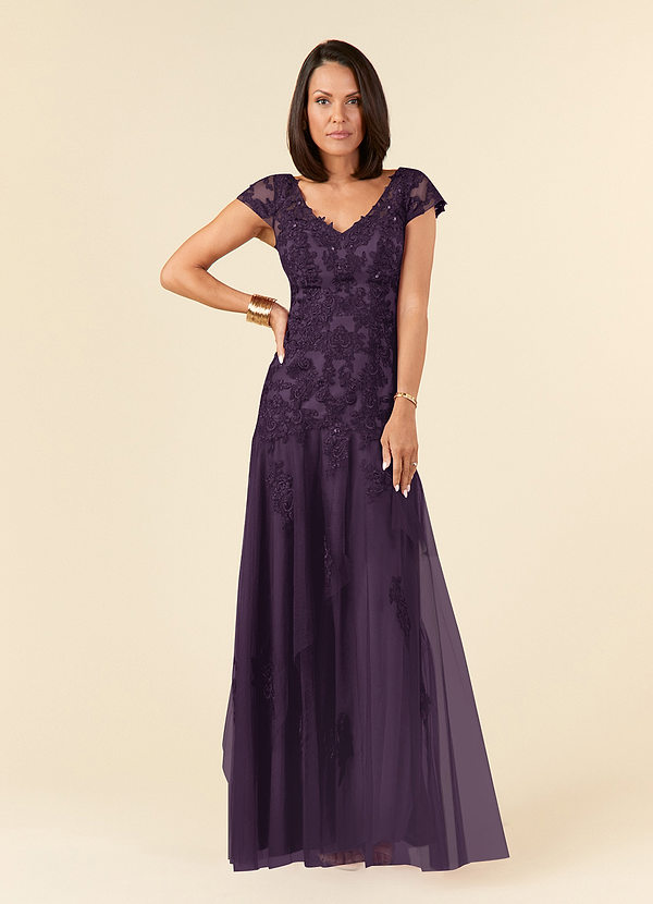 Azazie Romy Mother of the Brides Dresses Plum Mermaid V-Neck Sequins Tulle Dress image1
