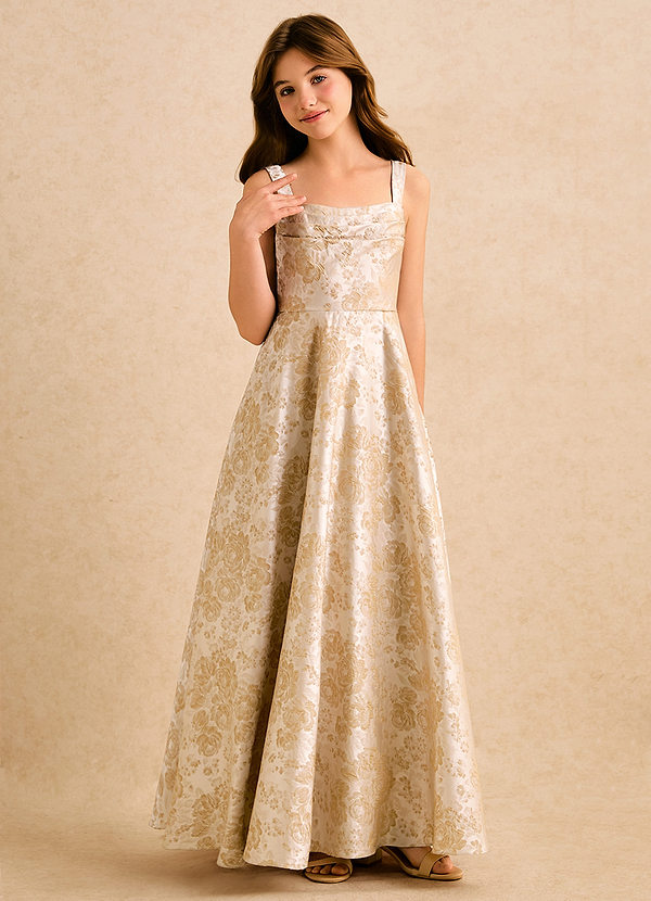 Azazie Malina Girls Formal Kukkaistyttöjen mekot A-linja Pliseerattu Kukkainen Jacquard Lattian pituus Pukeutua image1