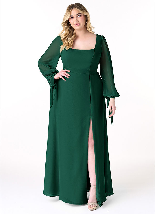 Azazie Leonia Bridesmaid Dresses Emerald A-Line Long Sleeve Chiffon Dress image1