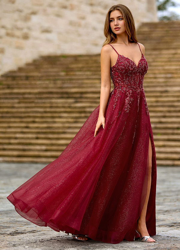 Milliener Burgundy Tulle Flowers Prom Dress image1