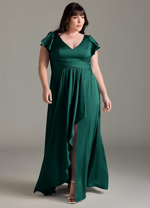 Azazie Omari Bridesmaid Dresses Emerald A-Line Stretch Satin Dress image1
